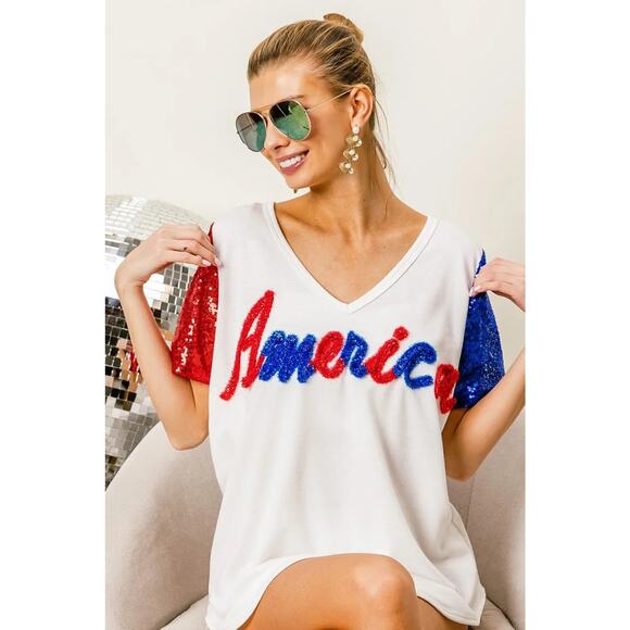 BiBi Metallic Letter V-Neckline Sequin Short Sleeves Relaxed Fit Top | Off White - Picture 8 of 11